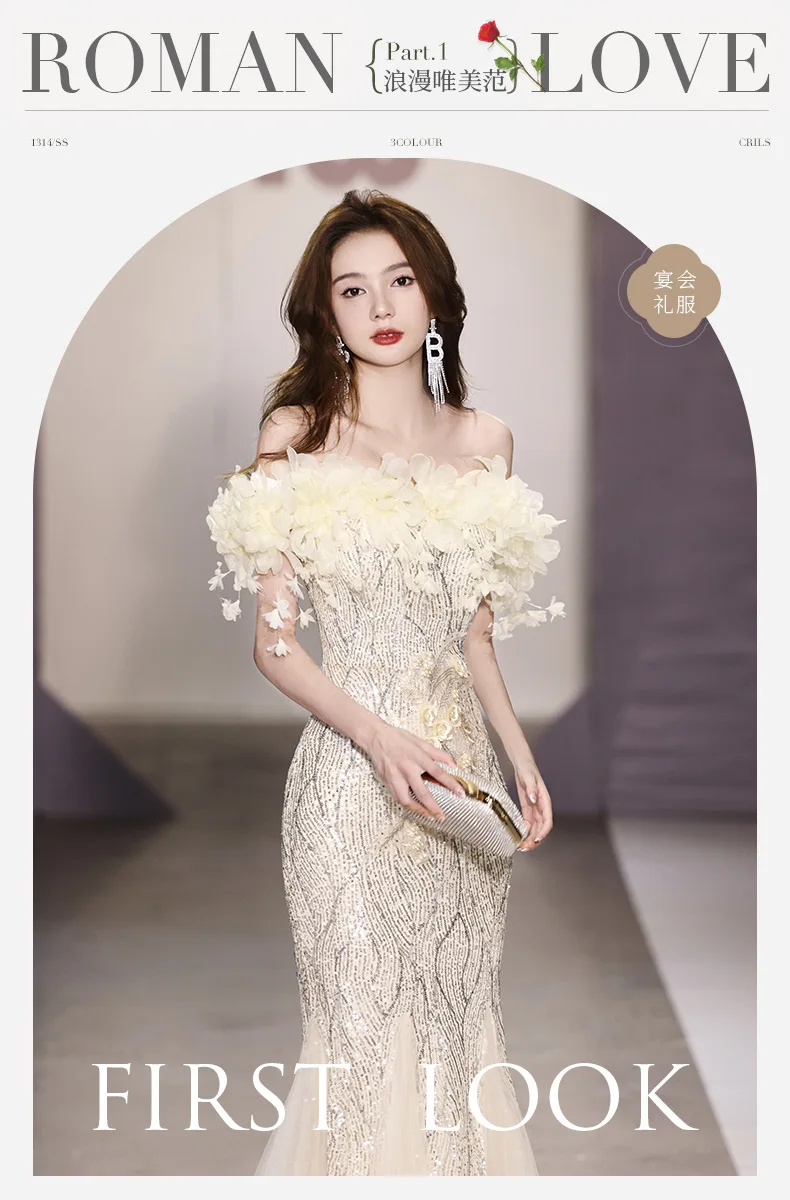 BeitifuBaby Elegant Prom Dress for Women Evening Party Off The Shoulder Sleeveless Fishtail Skirt Sequins Heavy Industry Banquet