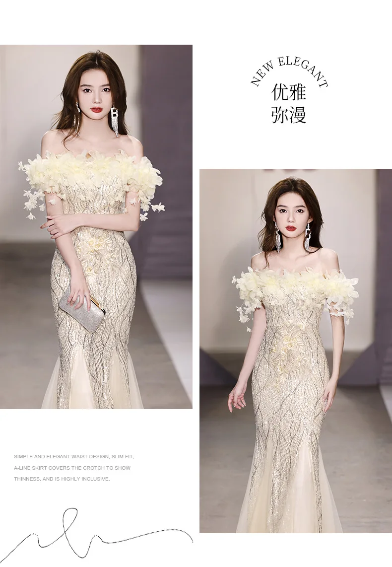BeitifuBaby Elegant Prom Dress for Women Evening Party Off The Shoulder Sleeveless Fishtail Skirt Sequins Heavy Industry Banquet