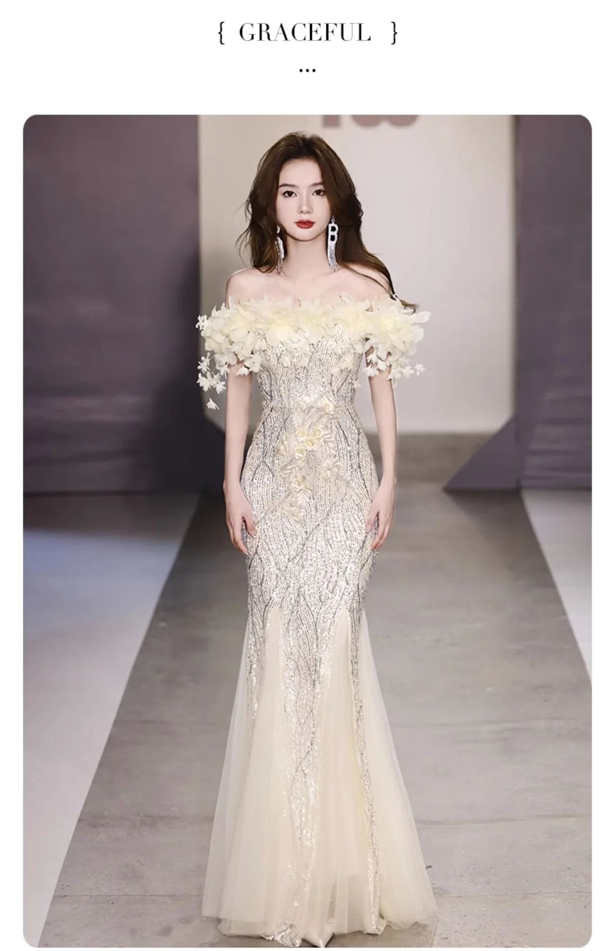 BeitifuBaby Elegant Prom Dress for Women Evening Party Off The Shoulder Sleeveless Fishtail Skirt Sequins Heavy Industry Banquet