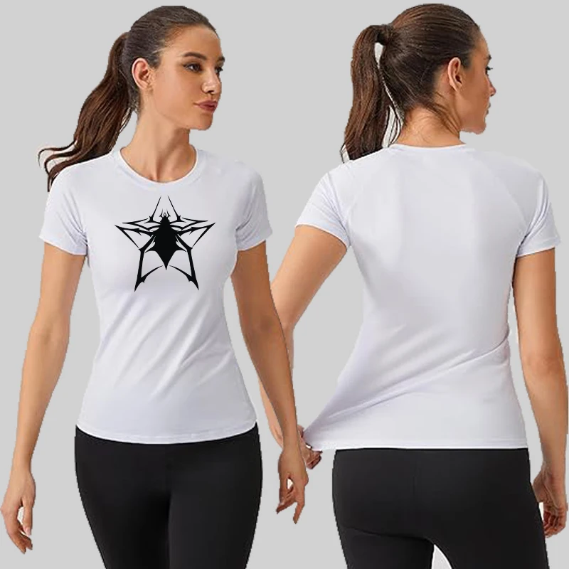 Spider Print Short Sleeve Compression Shirt for Women Athletic Running Workout Yoga T-Shirt Tees Baselayer Tops Gym Sports Gear
