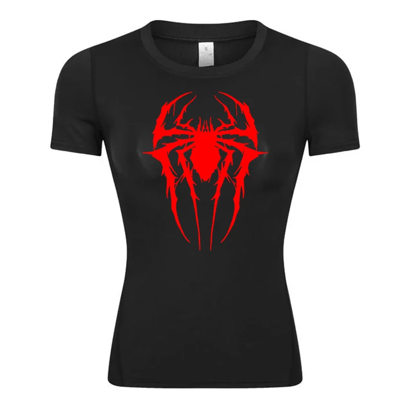 Spider Print Short Sleeve Compression Shirt for Women Athletic Running Workout Yoga T-Shirt Tees Baselayer Tops Gym Sports Gear