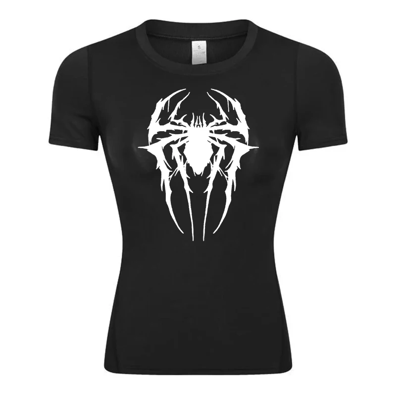 Spider Print Short Sleeve Compression Shirt for Women Athletic Running Workout Yoga T-Shirt Tees Baselayer Tops Gym Sports Gear