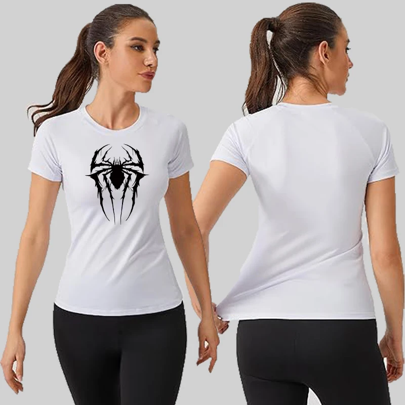 Spider Print Short Sleeve Compression Shirt for Women Athletic Running Workout Yoga T-Shirt Tees Baselayer Tops Gym Sports Gear