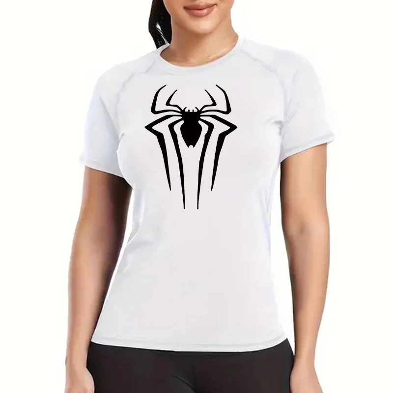 Spider Print Short Sleeve Compression Shirt for Women Athletic Running Workout Yoga T-Shirt Tees Baselayer Tops Gym Sports Gear