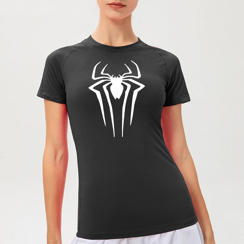 Spider Print Short Sleeve Compression Shirt for Women Athletic Running Workout Yoga T-Shirt Tees Baselayer Tops Gym Sports Gear