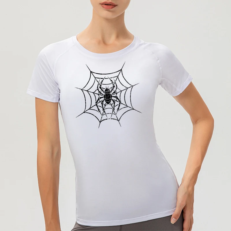 Spider Print Short Sleeve Compression Shirt for Women Athletic Running Workout Yoga T-Shirt Tees Baselayer Tops Gym Sports Gear