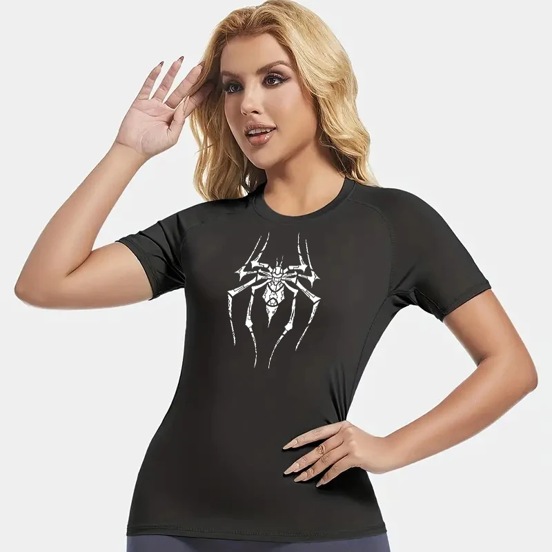 Spider Print Short Sleeve Compression Shirt for Women Athletic Running Workout Yoga T-Shirt Tees Baselayer Tops Gym Sports Gear