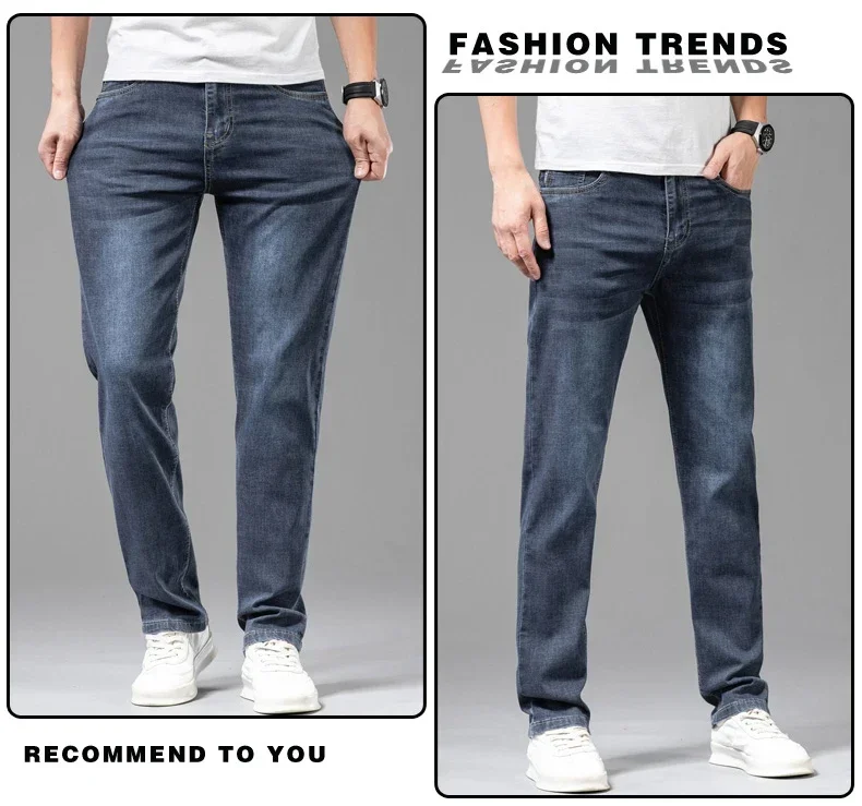 Summer Brand Men's Fit Straight Lightweight Cotton Stretch Jeans Business Casual High Waist Thin Light Grey Jeans mens pants
