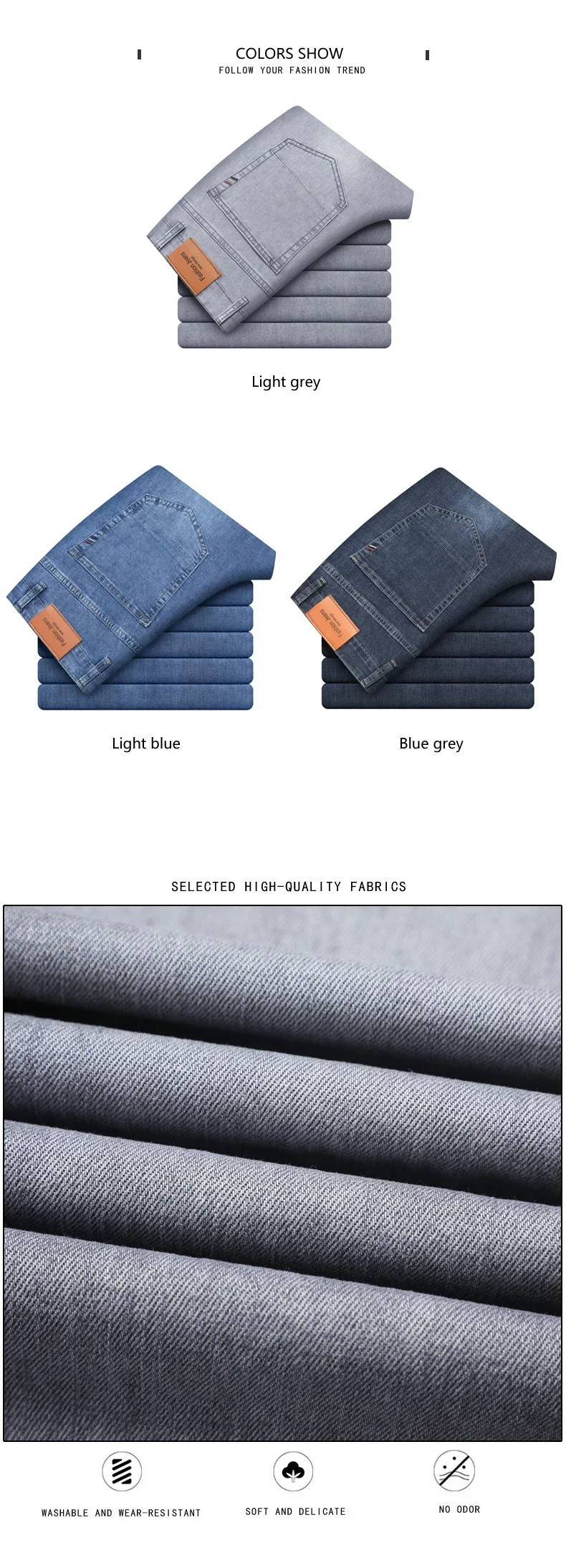 Summer Brand Men's Fit Straight Lightweight Cotton Stretch Jeans Business Casual High Waist Thin Light Grey Jeans mens pants