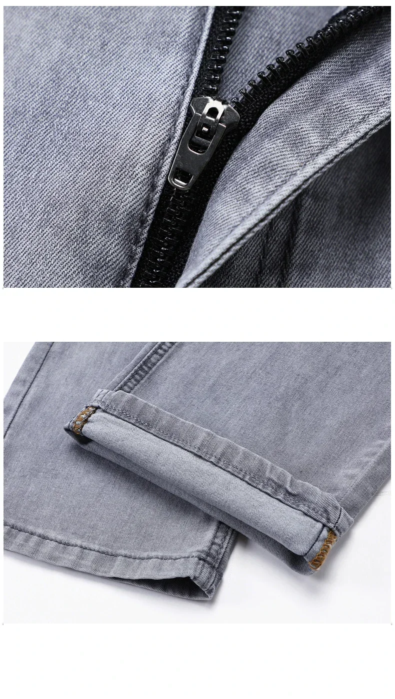 Summer Brand Men's Fit Straight Lightweight Cotton Stretch Jeans Business Casual High Waist Thin Light Grey Jeans mens pants