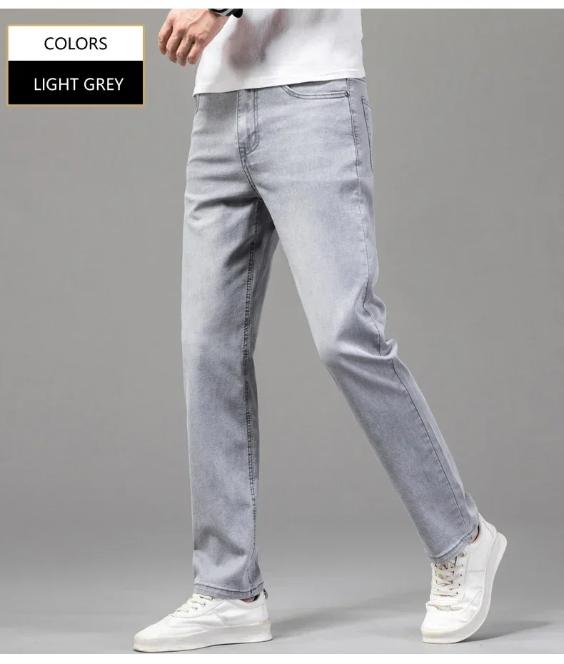 Summer Brand Men's Fit Straight Lightweight Cotton Stretch Jeans Business Casual High Waist Thin Light Grey Jeans mens pants