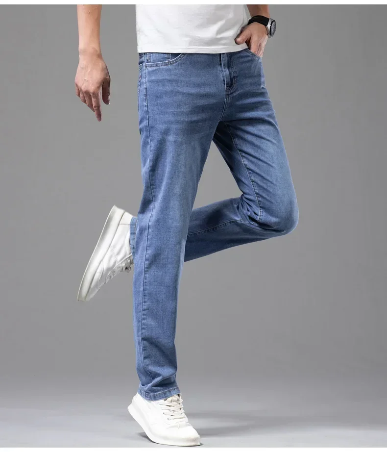 Summer Brand Men's Fit Straight Lightweight Cotton Stretch Jeans Business Casual High Waist Thin Light Grey Jeans mens pants
