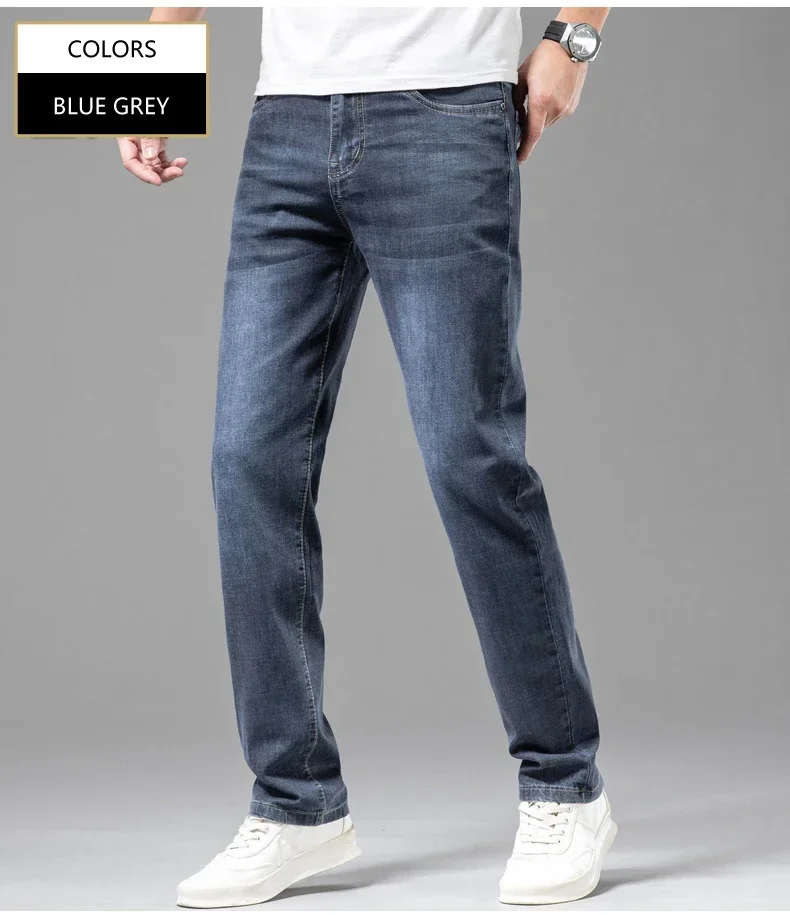 Summer Brand Men's Fit Straight Lightweight Cotton Stretch Jeans Business Casual High Waist Thin Light Grey Jeans mens pants