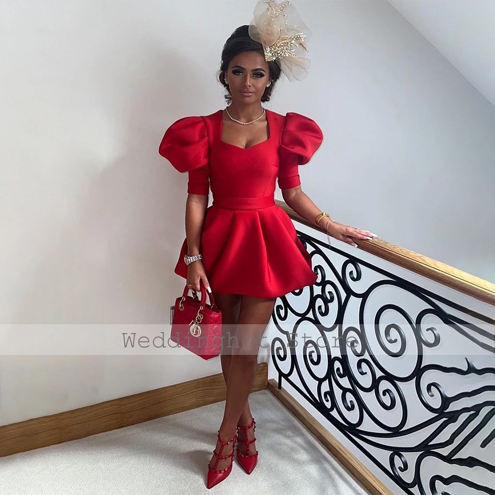 Customized Mini Party Dresses for Women Red Puffy Sleeves V Neck Short Cocktail Gowns Satin Belt A Line Simple Cocktail Dress