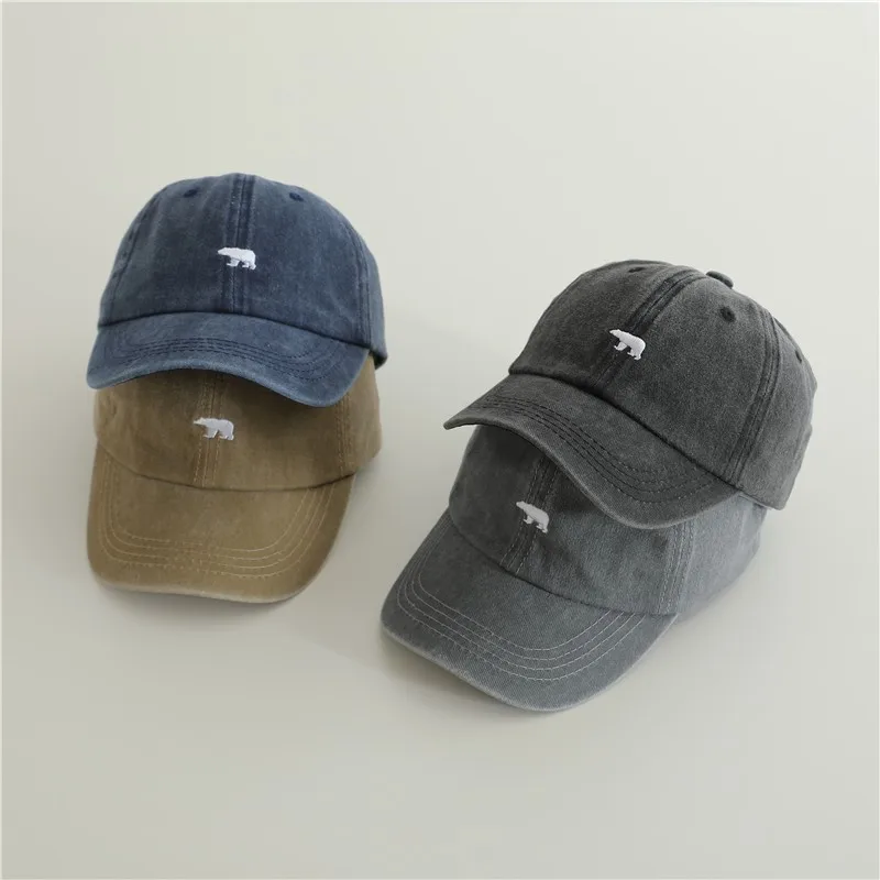 New Baby Embroidery Bear Denim Baseball Hats Outdoor Boy Girl Sunscreen Hat Retro Kids Peaked Cap Cotton Children Casual Caps