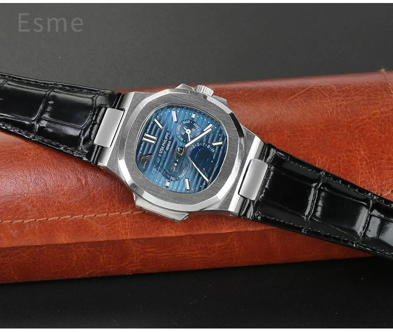 For Patek Philippe Nautilus Series 5711 5712 5980 Genuine Leather Cowhide Waterproof Watch Strap with Steel Joint 25mm