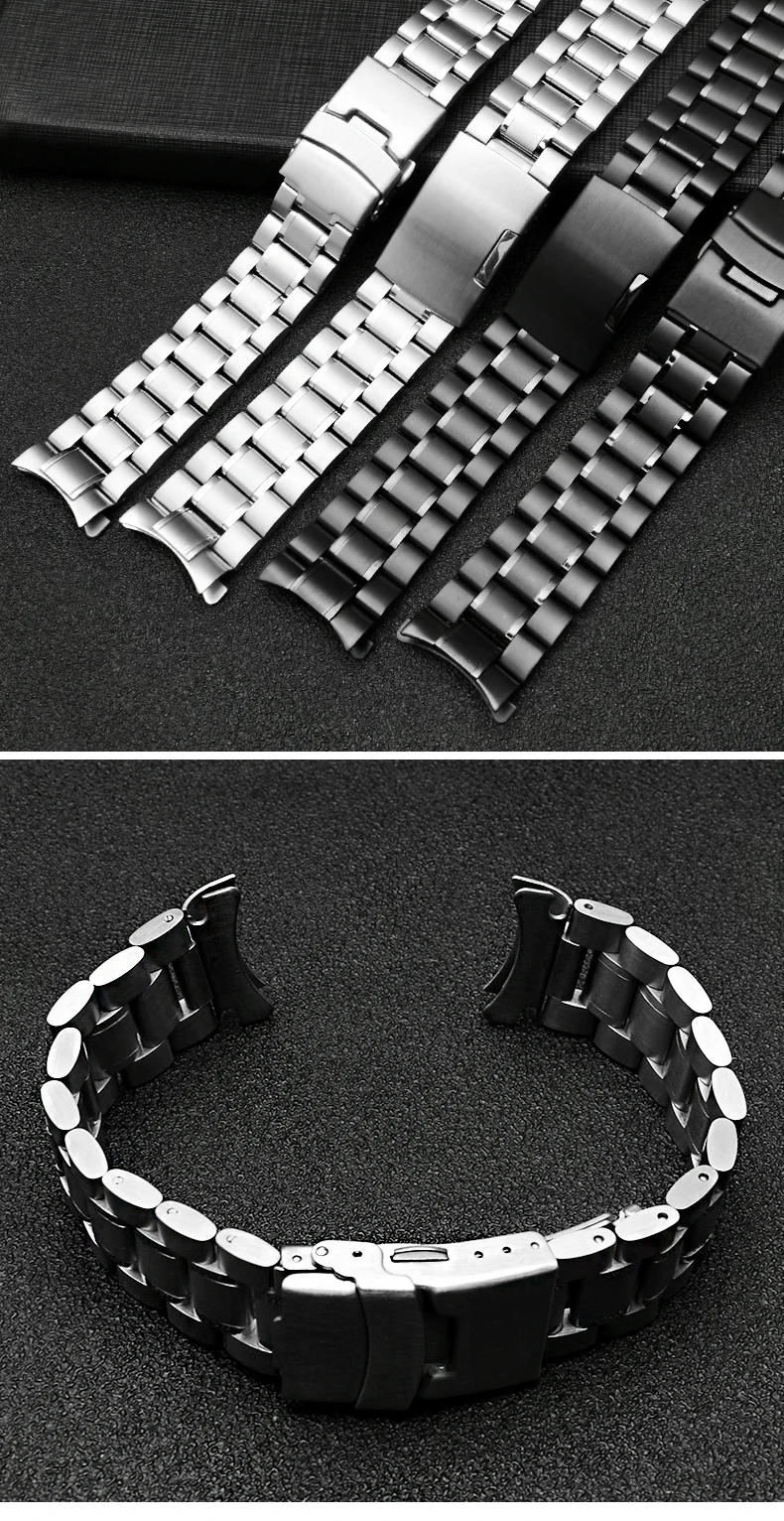 Curved End Solid Matte Stainless Steel Watch Band For Seiko Citizen Casio Timex 20mm 22mm Black Metal Strap Watch Accessories