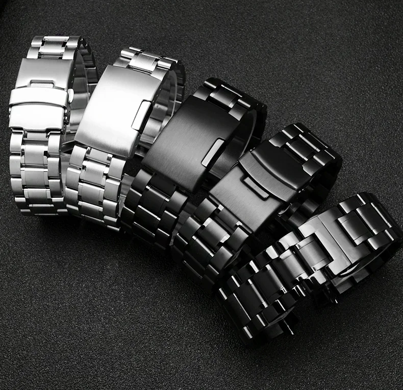 Curved End Solid Matte Stainless Steel Watch Band For Seiko Citizen Casio Timex 20mm 22mm Black Metal Strap Watch Accessories