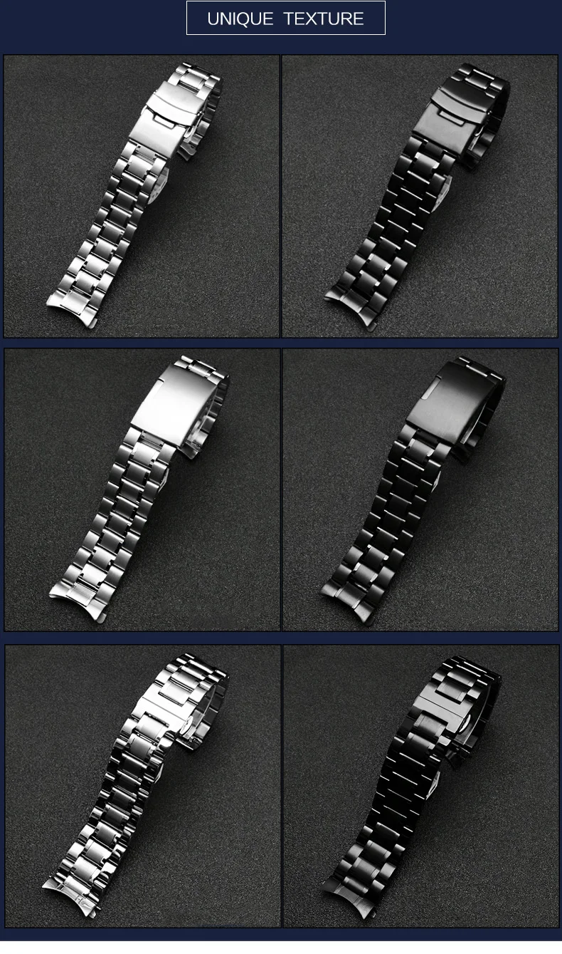 Curved End Solid Matte Stainless Steel Watch Band For Seiko Citizen Casio Timex 20mm 22mm Black Metal Strap Watch Accessories