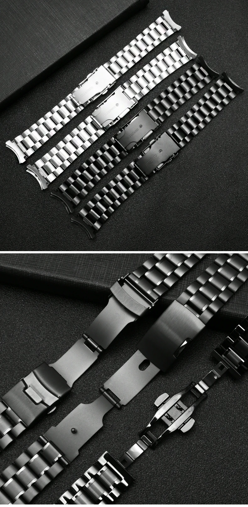 Curved End Solid Matte Stainless Steel Watch Band For Seiko Citizen Casio Timex 20mm 22mm Black Metal Strap Watch Accessories