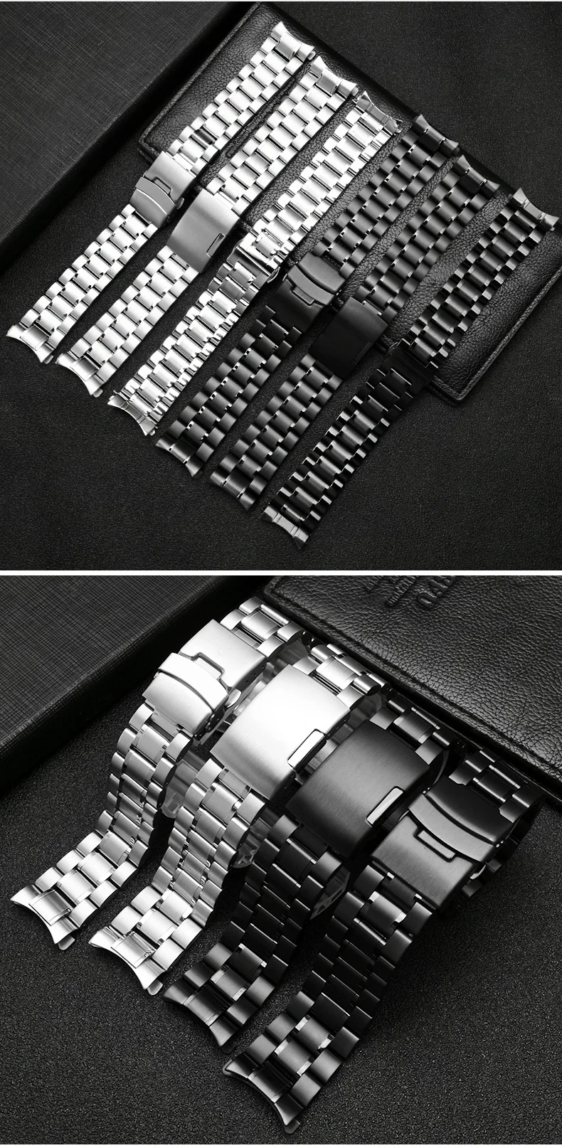 Curved End Solid Matte Stainless Steel Watch Band For Seiko Citizen Casio Timex 20mm 22mm Black Metal Strap Watch Accessories