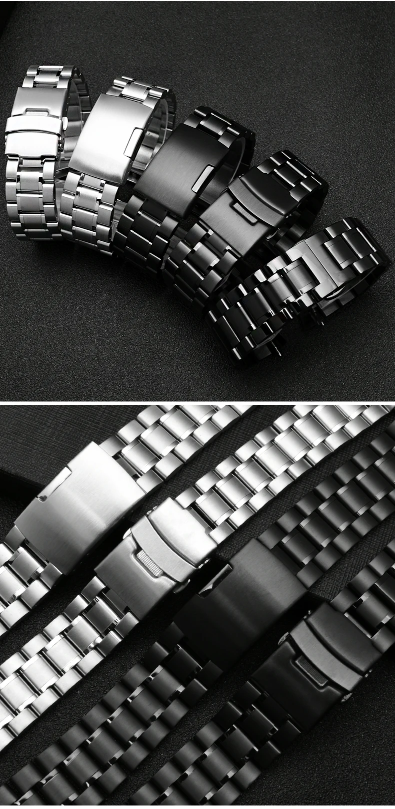 Curved End Solid Matte Stainless Steel Watch Band For Seiko Citizen Casio Timex 20mm 22mm Black Metal Strap Watch Accessories