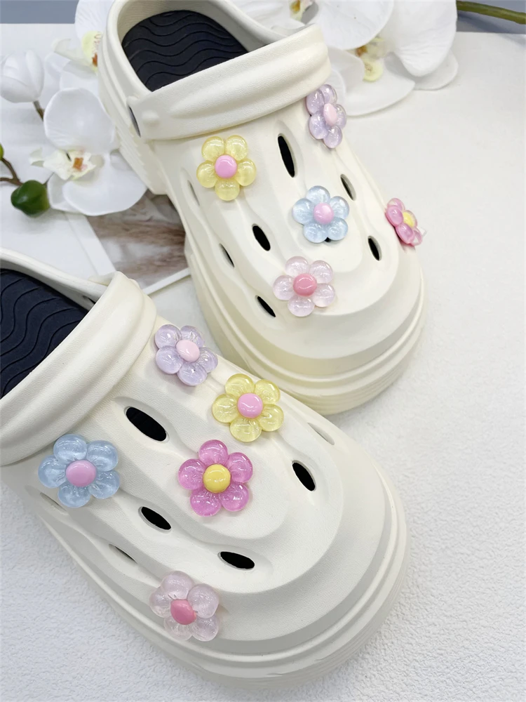 10PCS Shoe Charms ABS Decorations Accessories DIY Transparent Sunflower Clog Buckle Shoes Slides Candy Color Fit Slipper Sandals