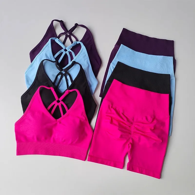 Women's High Waist Yoga Sets Workout Gym Clothing 2 Pcs Sports Suits Fitness Sets Tracksuit Sportswear Shorts Sets