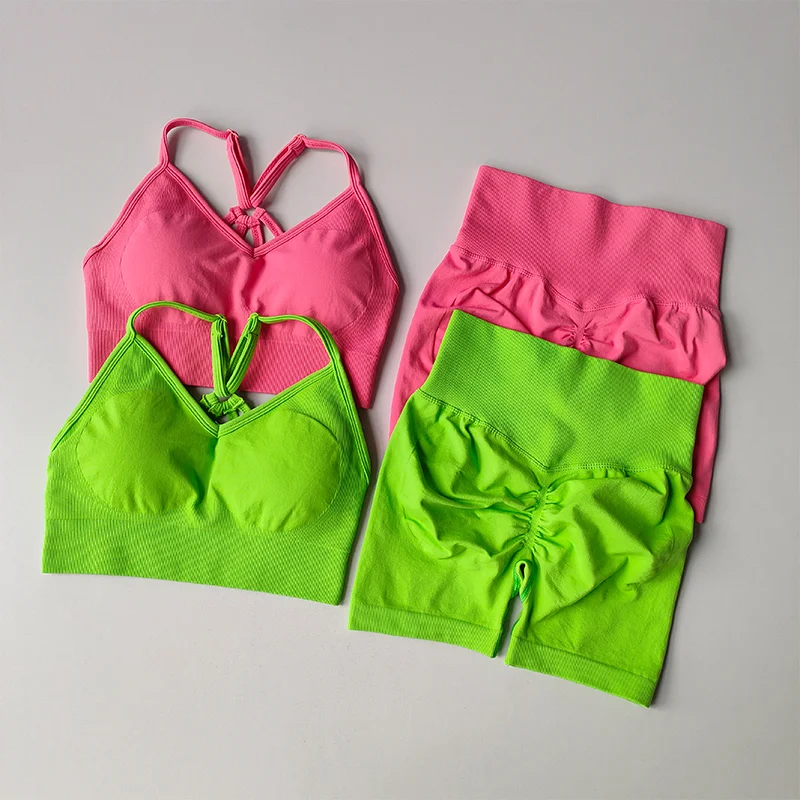 Women's High Waist Yoga Sets Workout Gym Clothing 2 Pcs Sports Suits Fitness Sets Tracksuit Sportswear Shorts Sets