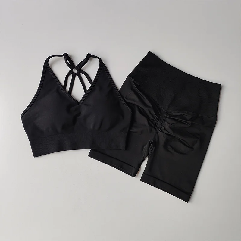 Women's High Waist Yoga Sets Workout Gym Clothing 2 Pcs Sports Suits Fitness Sets Tracksuit Sportswear Shorts Sets