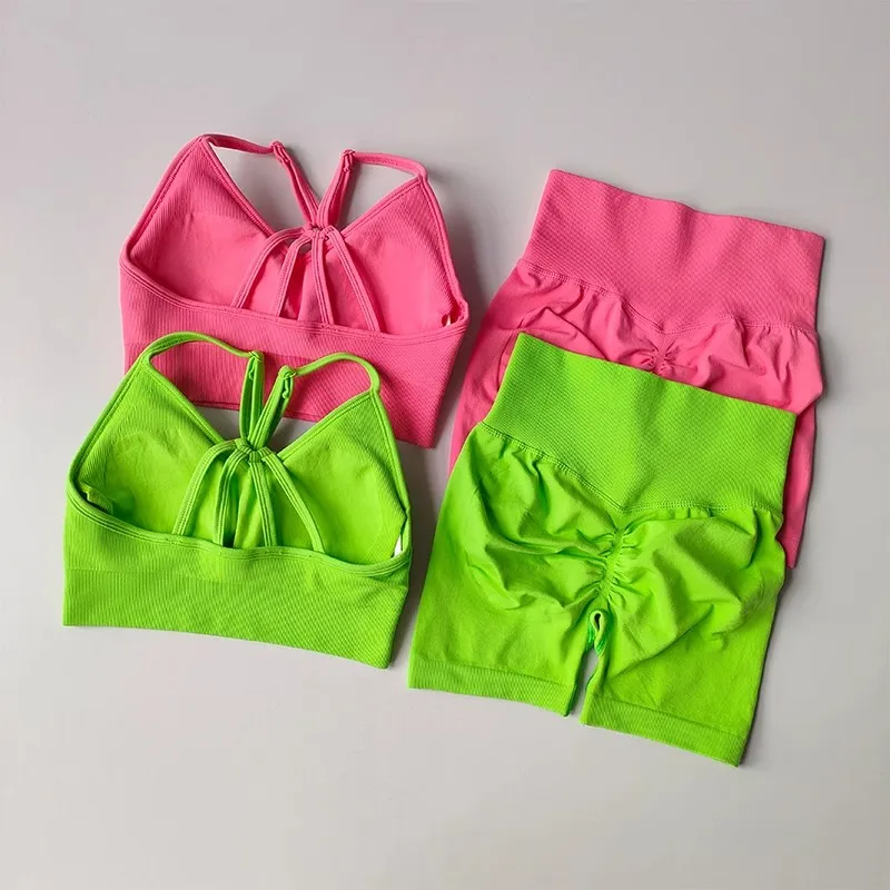Women's High Waist Yoga Sets Workout Gym Clothing 2 Pcs Sports Suits Fitness Sets Tracksuit Sportswear Shorts Sets