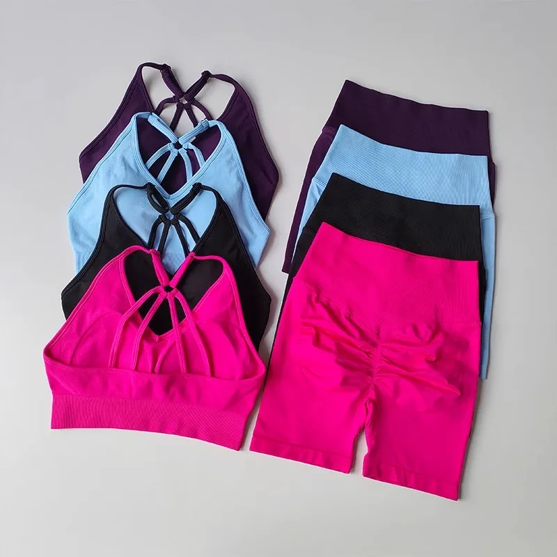Women's High Waist Yoga Sets Workout Gym Clothing 2 Pcs Sports Suits Fitness Sets Tracksuit Sportswear Shorts Sets
