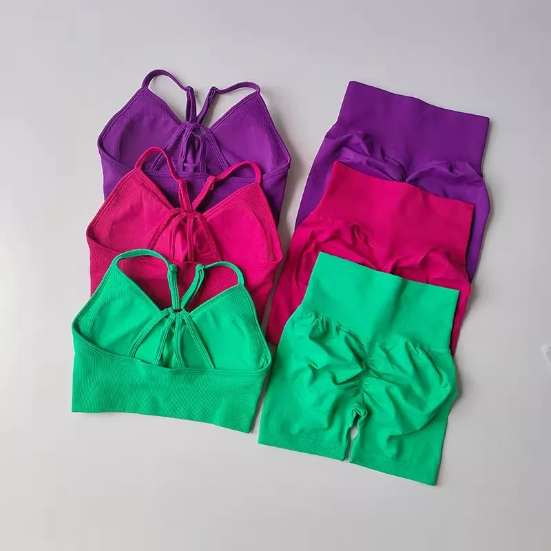 Women's High Waist Yoga Sets Workout Gym Clothing 2 Pcs Sports Suits Fitness Sets Tracksuit Sportswear Shorts Sets