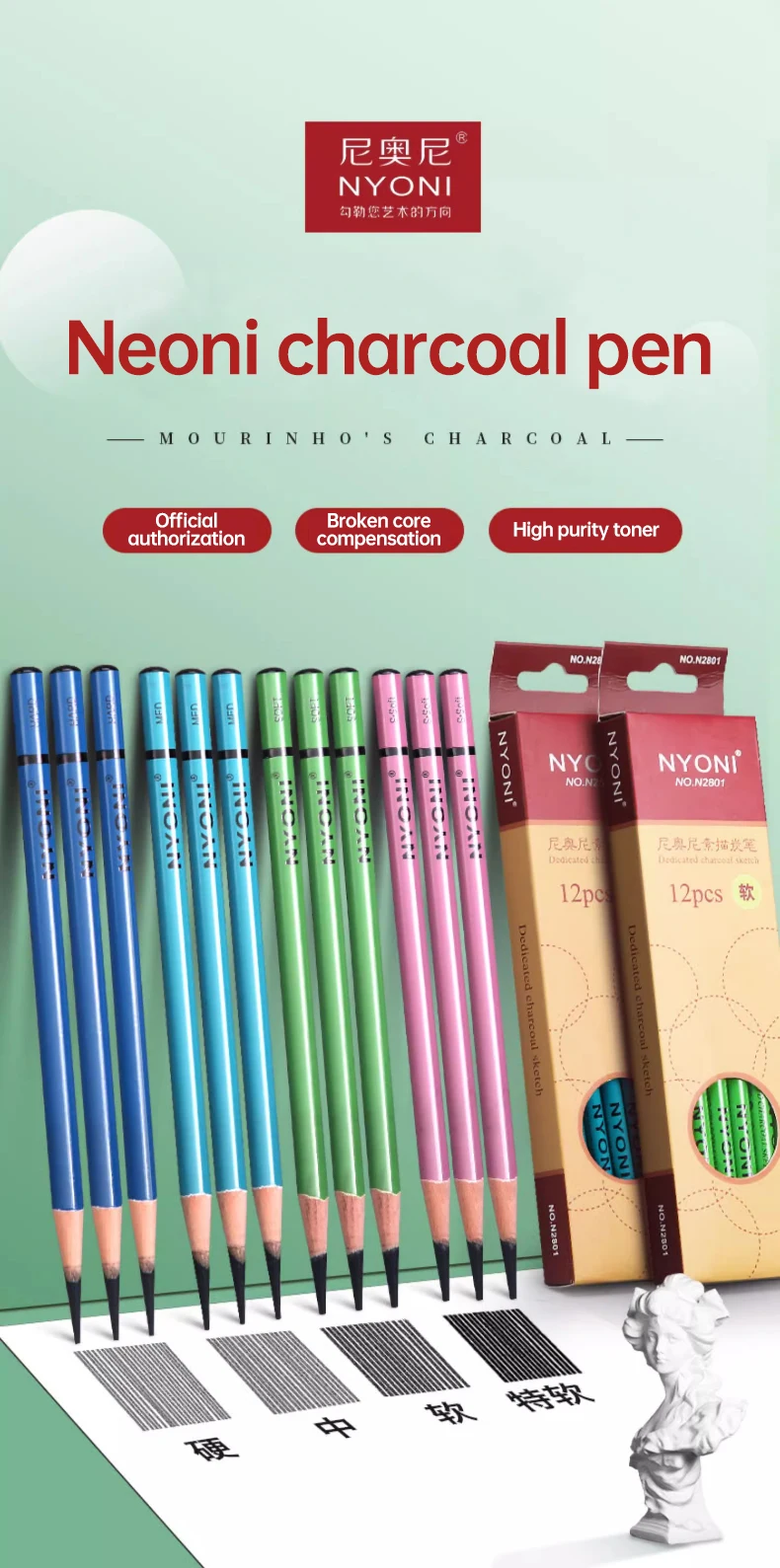 NYONI Black Charcoal Pencil Soft/Medium/Hard Carbon Pencil Wooden Charcoal Pencils For Sketching Drawing Stationery