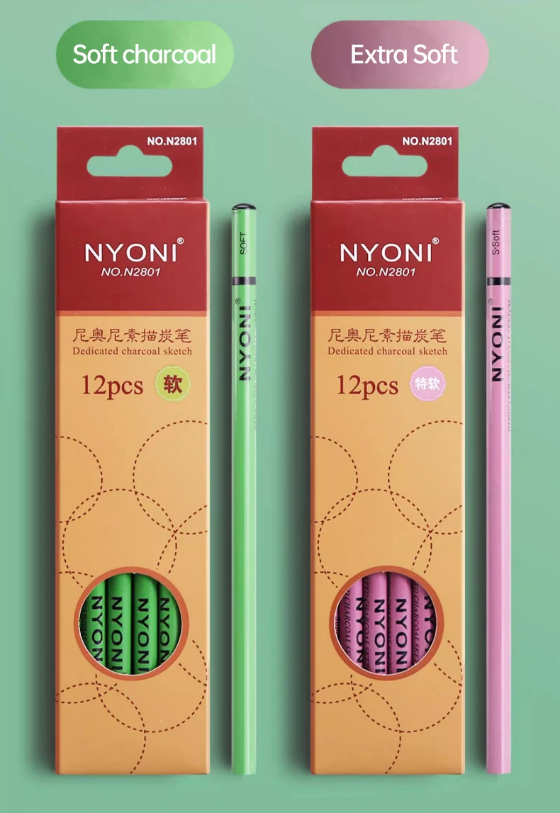 NYONI Black Charcoal Pencil Soft/Medium/Hard Carbon Pencil Wooden Charcoal Pencils For Sketching Drawing Stationery