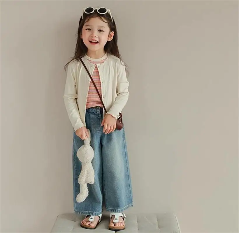 Humor Bear Girls’ Jeans Kids Clothing Summer Baggy Multi-pocket Elastic-waisted Long Jeans Wide-leg Pants Girls Pants
