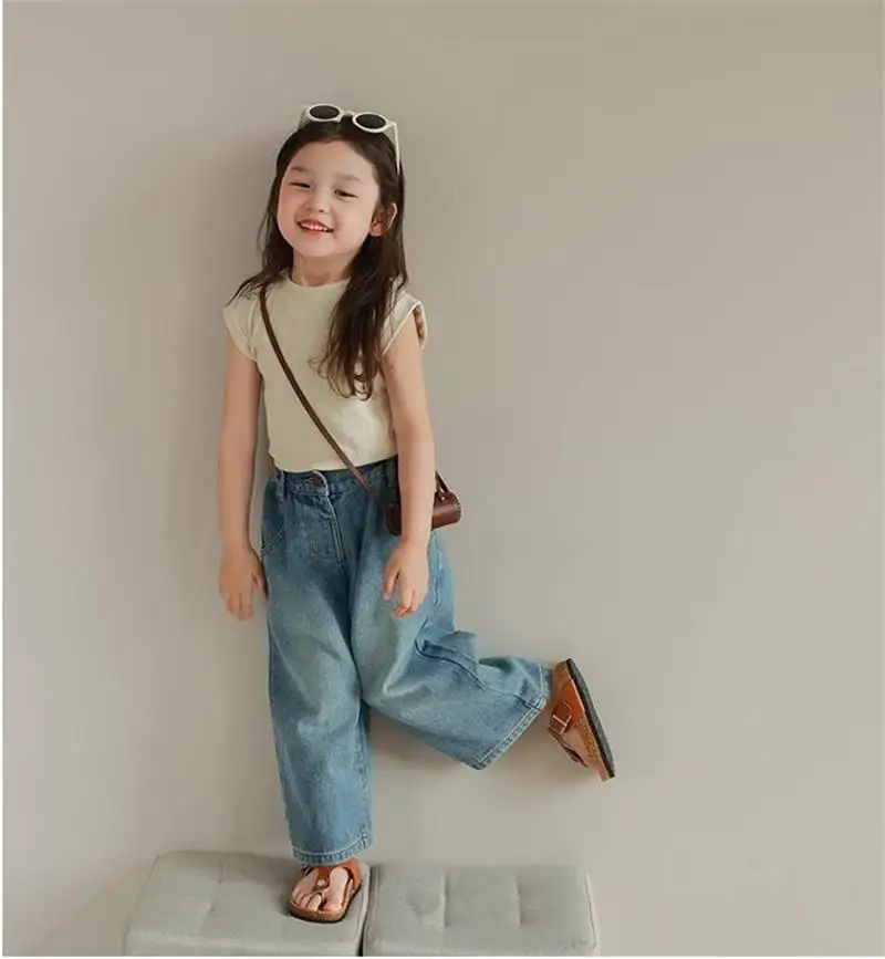 Humor Bear Girls’ Jeans Kids Clothing Summer Baggy Multi-pocket Elastic-waisted Long Jeans Wide-leg Pants Girls Pants