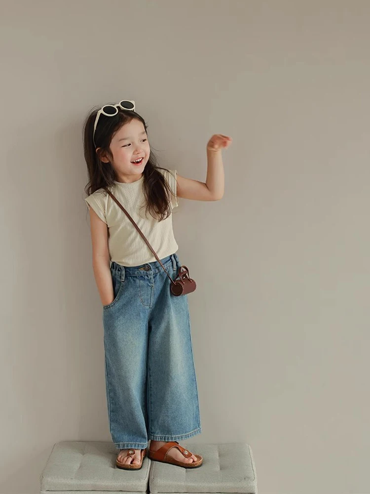 Humor Bear Girls’ Jeans Kids Clothing Summer Baggy Multi-pocket Elastic-waisted Long Jeans Wide-leg Pants Girls Pants