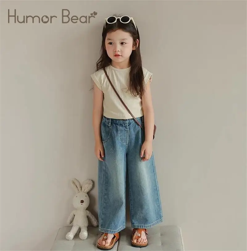 Humor Bear Girls’ Jeans Kids Clothing Summer Baggy Multi-pocket Elastic-waisted Long Jeans Wide-leg Pants Girls Pants