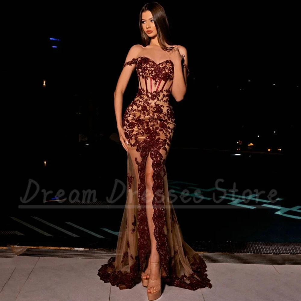 Sexy Front Slit Mermaid Evening Dress Classic Tulle Applique Illusion Floor Length Spaghetti Straps Customized Prom Gowns Custom