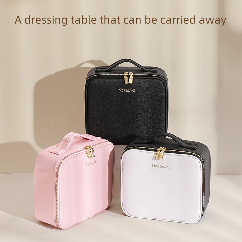 3 Color Train Case Mirror, White Portable Makeup Case Waterproof Organizer with Adjustable Dividers, Cosmetics Storage Case Gift
