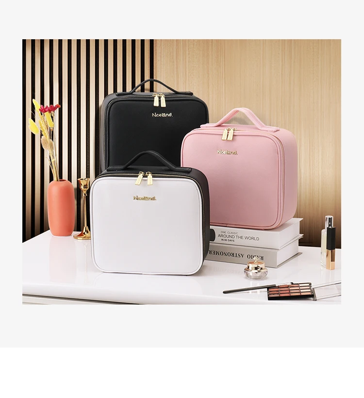 3 Color Train Case Mirror, White Portable Makeup Case Waterproof Organizer with Adjustable Dividers, Cosmetics Storage Case Gift