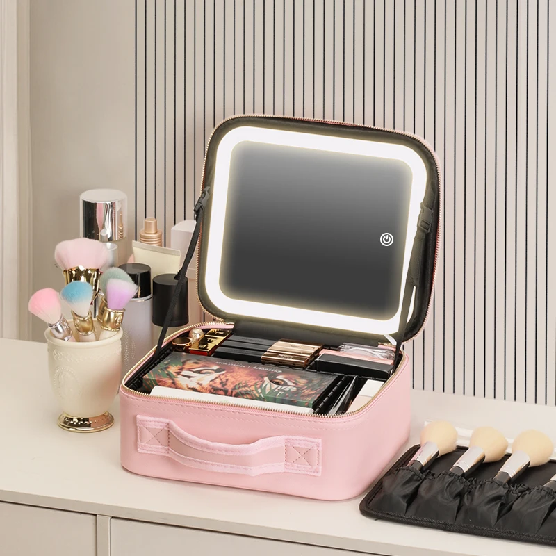 3 Color Train Case Mirror, White Portable Makeup Case Waterproof Organizer with Adjustable Dividers, Cosmetics Storage Case Gift