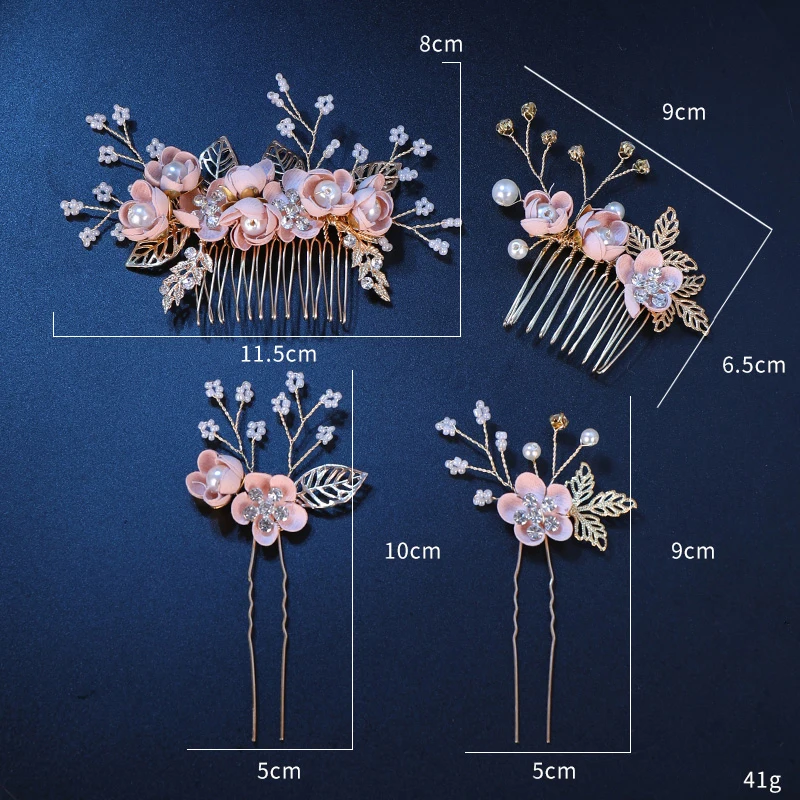 Pink/Blue Flower Bridal Hair Comb and Hairpins Pearl Wedding Hair Accessories Flower Head Piece For Women Ladies Hair Jewelry