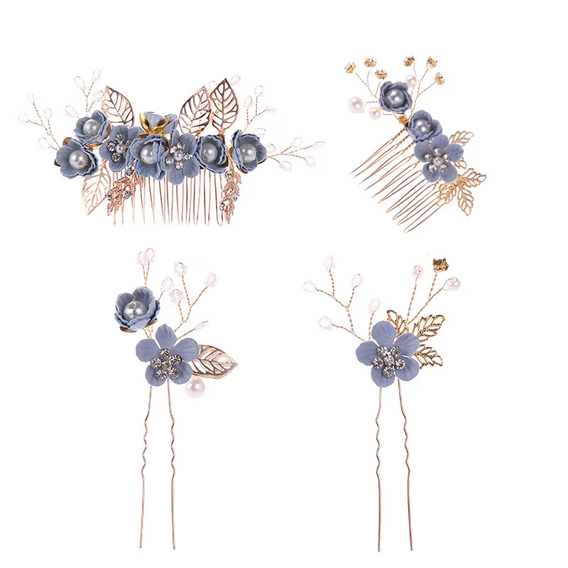 Pink/Blue Flower Bridal Hair Comb and Hairpins Pearl Wedding Hair Accessories Flower Head Piece For Women Ladies Hair Jewelry
