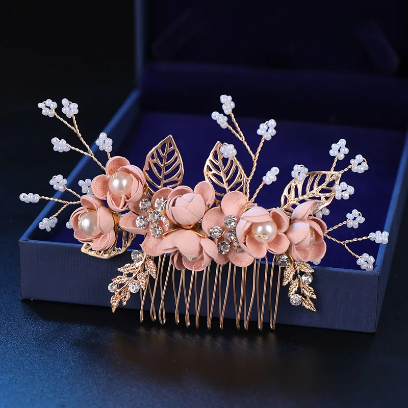 Pink/Blue Flower Bridal Hair Comb and Hairpins Pearl Wedding Hair Accessories Flower Head Piece For Women Ladies Hair Jewelry
