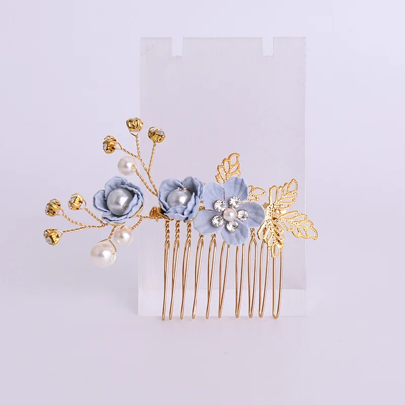 Pink/Blue Flower Bridal Hair Comb and Hairpins Pearl Wedding Hair Accessories Flower Head Piece For Women Ladies Hair Jewelry