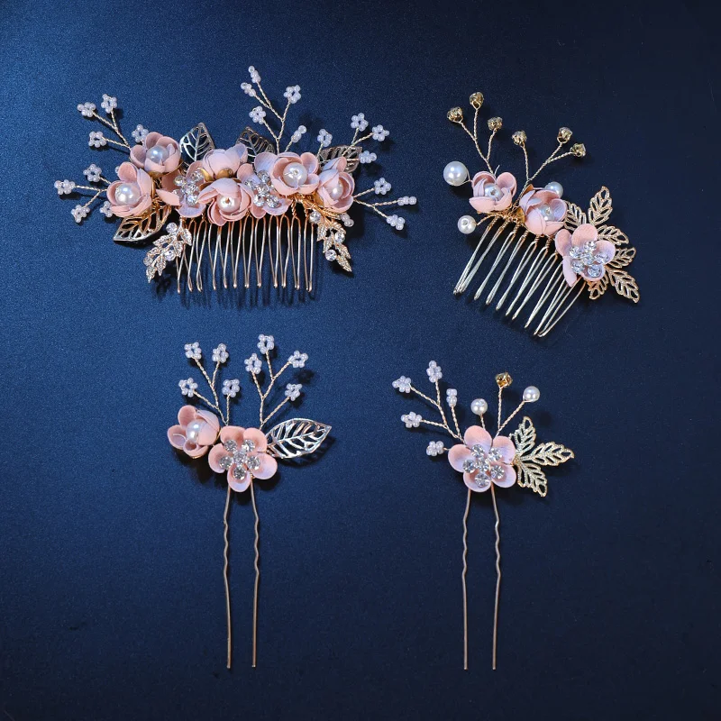 Pink/Blue Flower Bridal Hair Comb and Hairpins Pearl Wedding Hair Accessories Flower Head Piece For Women Ladies Hair Jewelry