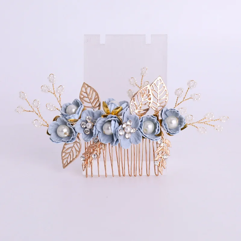 Pink/Blue Flower Bridal Hair Comb and Hairpins Pearl Wedding Hair Accessories Flower Head Piece For Women Ladies Hair Jewelry