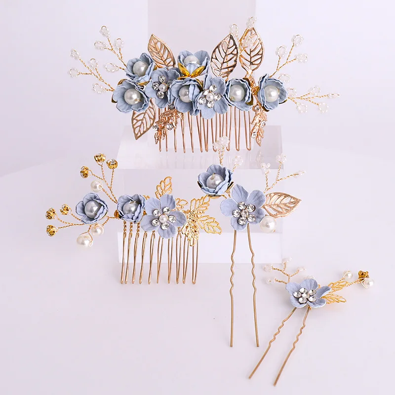 Pink/Blue Flower Bridal Hair Comb and Hairpins Pearl Wedding Hair Accessories Flower Head Piece For Women Ladies Hair Jewelry